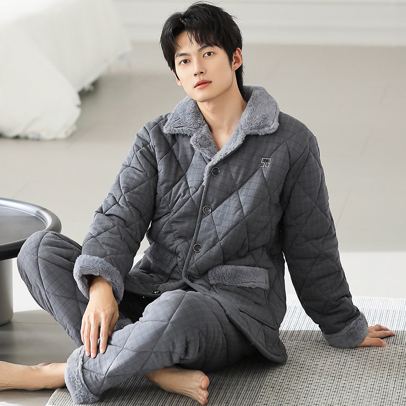 男士睡衣冬季2026新款三层加厚加绒纯棉夹棉男款冬天珊瑚绒家居服