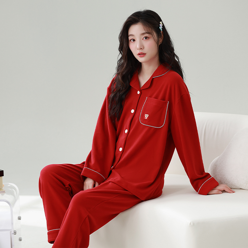红色德绒保暖开衫女睡衣套装