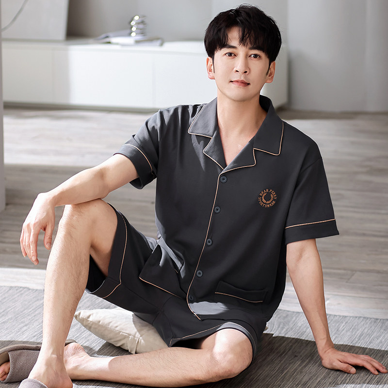纯棉睡衣男薄款高档开衫短袖短裤夏季中年爸爸100%全棉纯色家居服