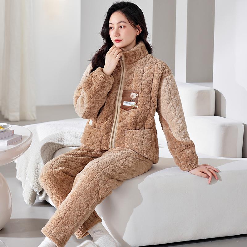 女士睡衣冬季珊瑚绒夹棉三层加厚加绒大码女款冬天高领家居服套装