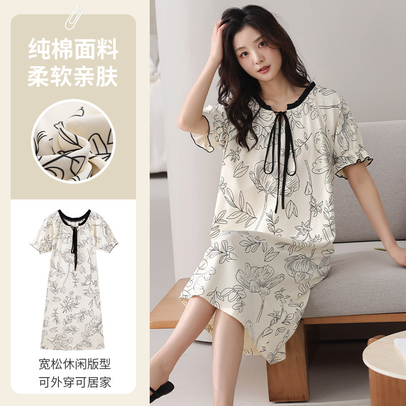 睡裙女夏季纯棉短袖女士柔美家居服荷叶边宽松睡衣女款夏2026新款