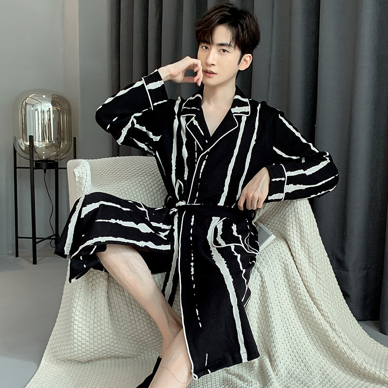 柔感睡衣男士睡袍男款浴袍式大衣春秋款秋季和服纯棉长袖长款