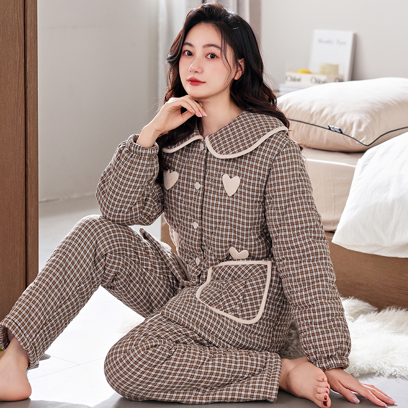 纯棉夹棉睡衣女款冬季梭织全棉三层加厚加绒珊瑚绒保暖家居服套装