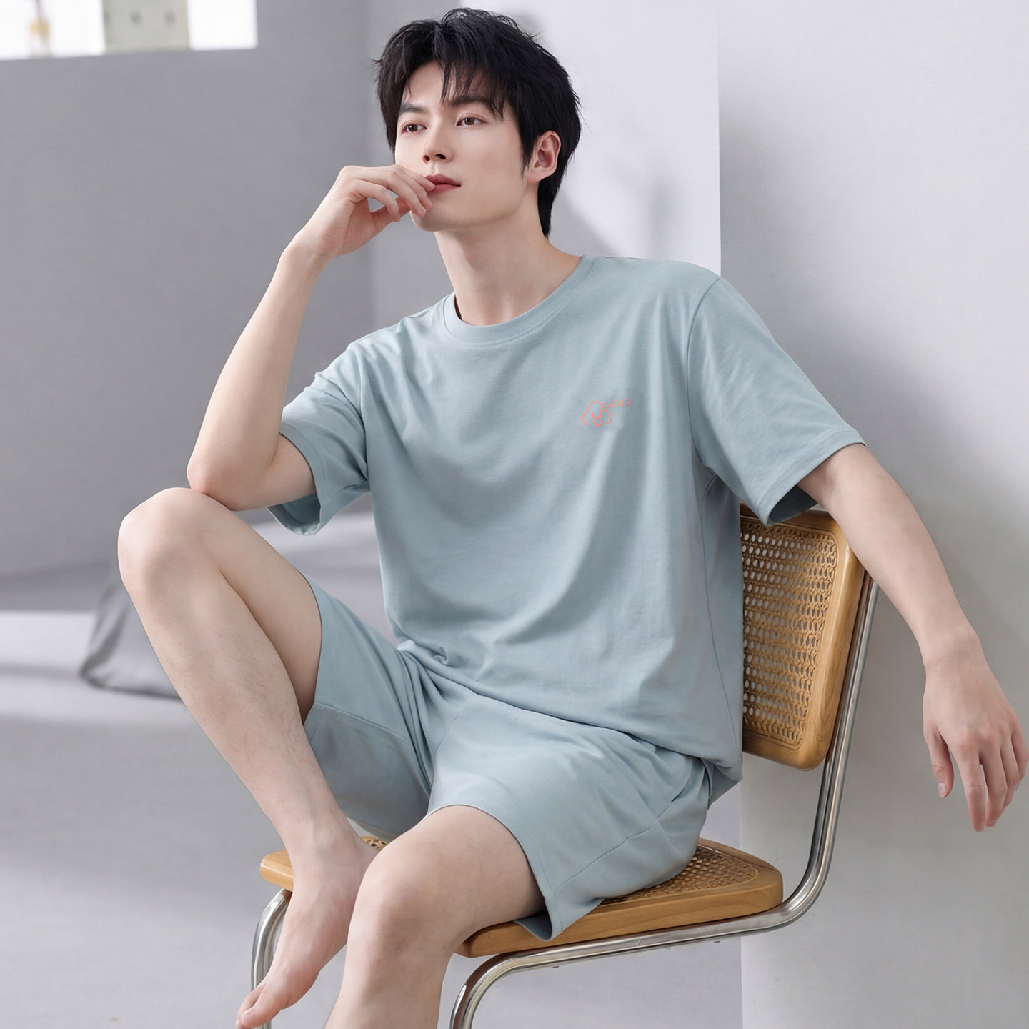 夏季新款短袖睡衣男100%棉短袖短裤口袋夏天男休闲青年家居服套装