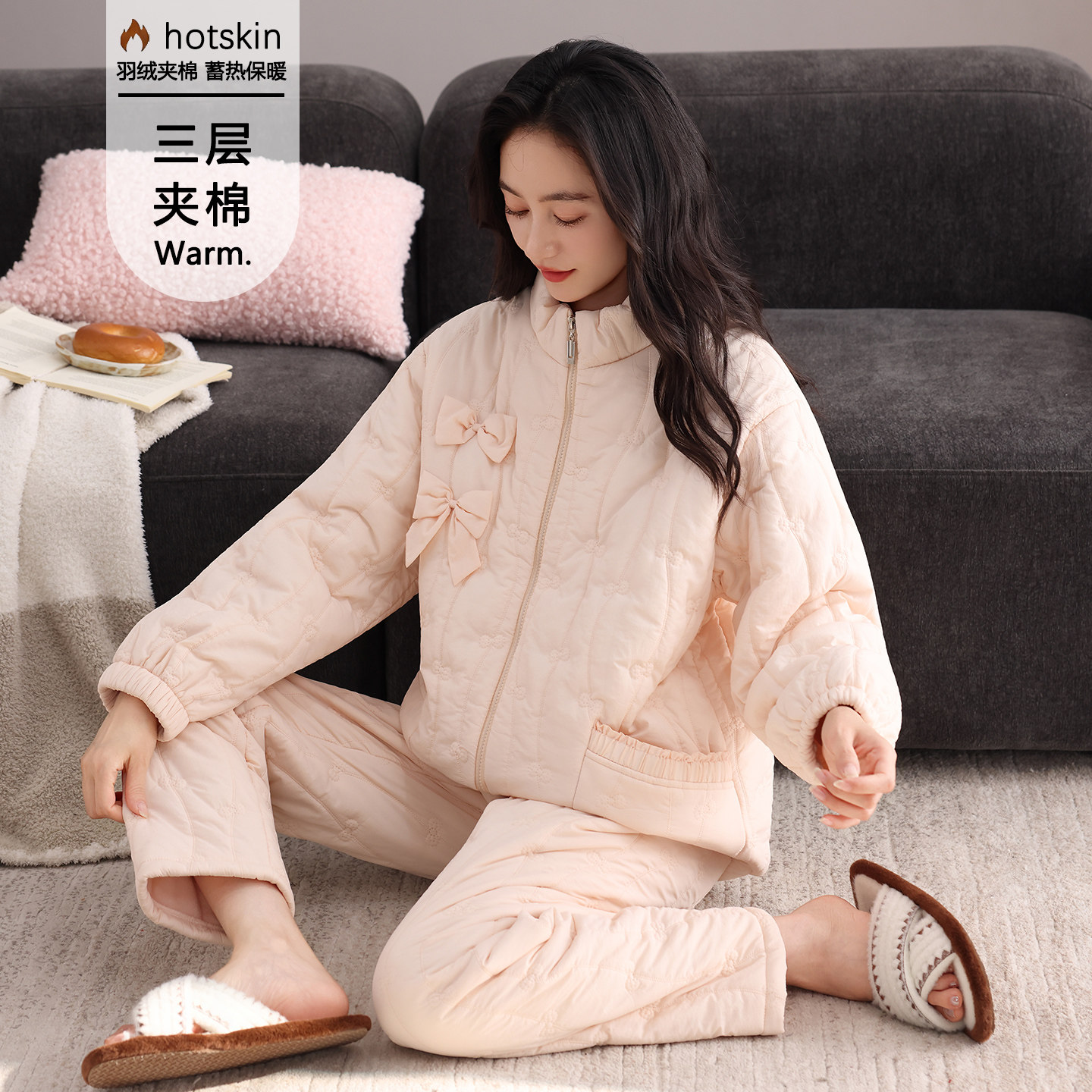 羽绒三层夹棉睡衣女士冬季家居服