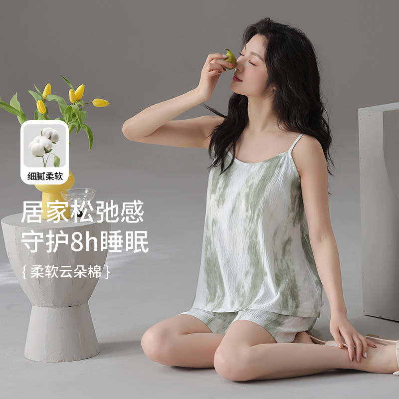 带胸垫吊带睡衣女士夏季云朵棉短裤薄款宽松套头可外穿家居服套装