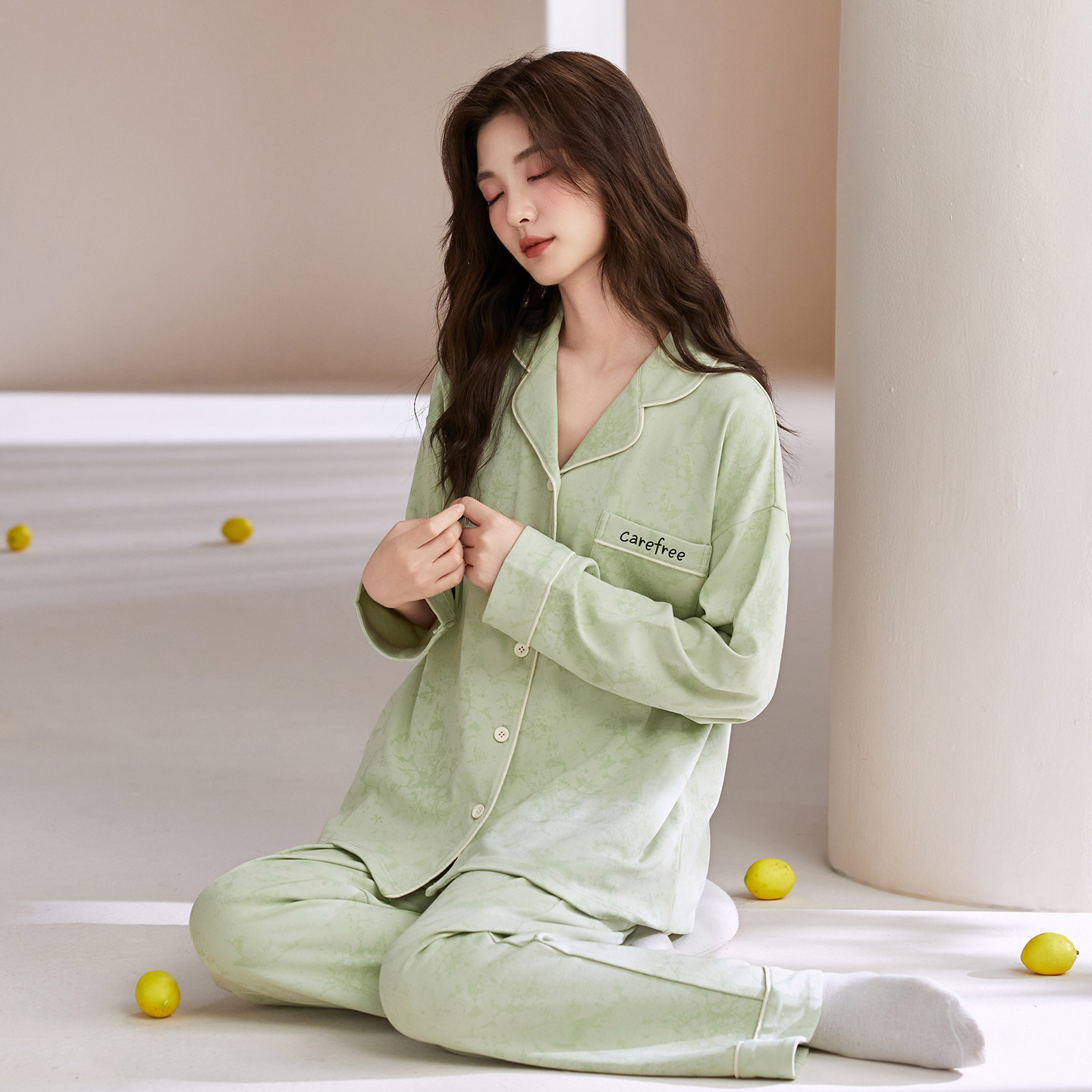 女士拉架棉长袖开衫睡衣套装春秋
