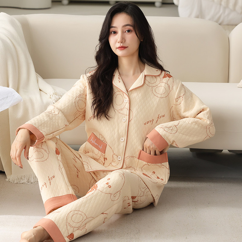 妈妈睡衣女款春秋加厚夹层纯棉长袖女士秋冬保暖空气棉家居服套装