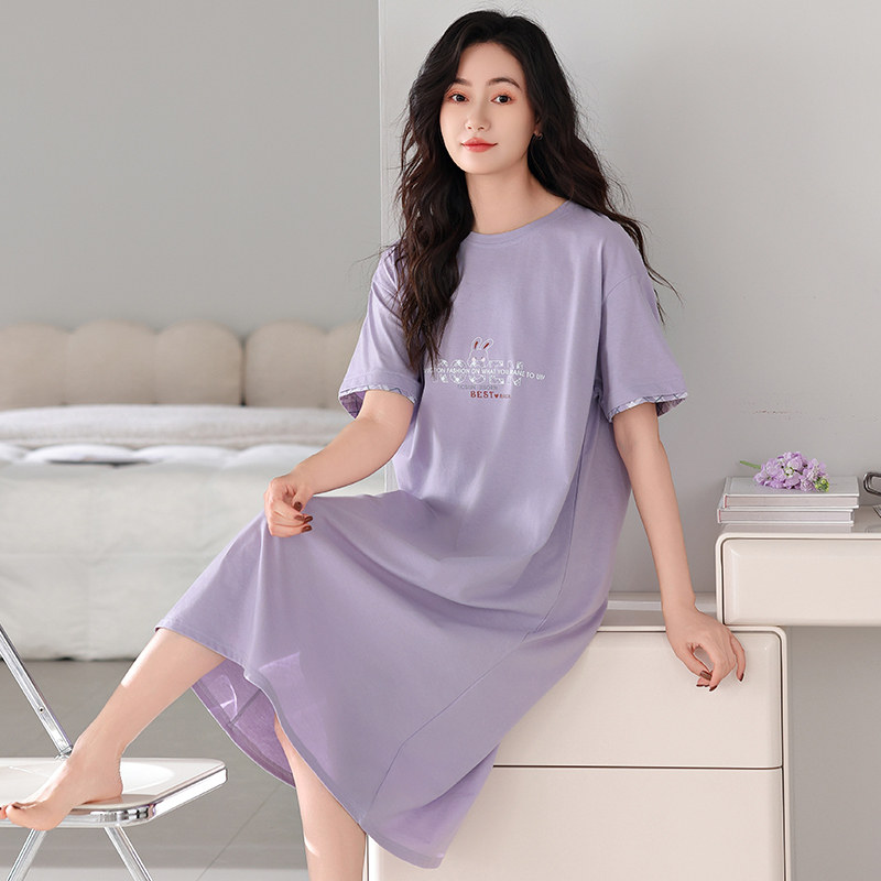 夏季圆领短袖睡裙女款纯棉连衣裙中老年妈妈睡衣裙子可外穿家居服