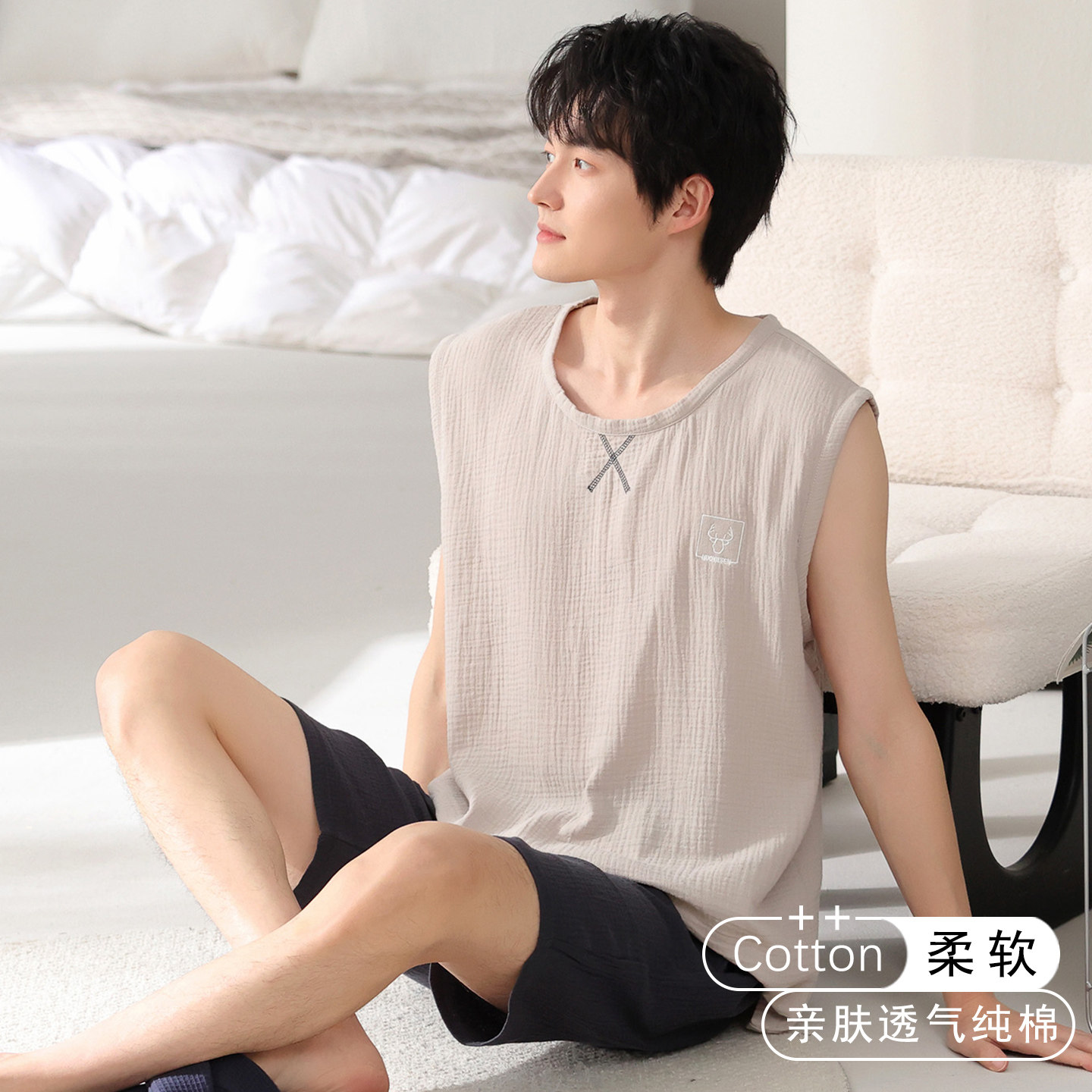 100%纯棉男士睡衣夏季全棉背心短裤大码无袖家居服薄款可外穿套装