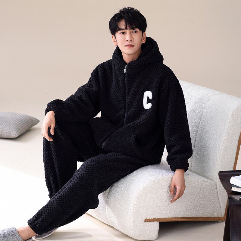 加厚珊瑚绒睡衣男居家法兰绒冬季长袖套头长裤运动连帽家居服套装