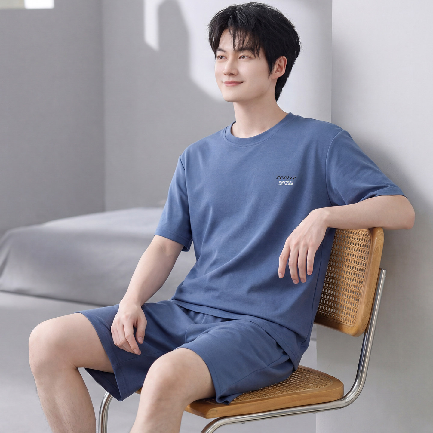 男士夏季纯棉短袖短裤睡衣薄款裸感透气时尚男装可外穿家居服套装