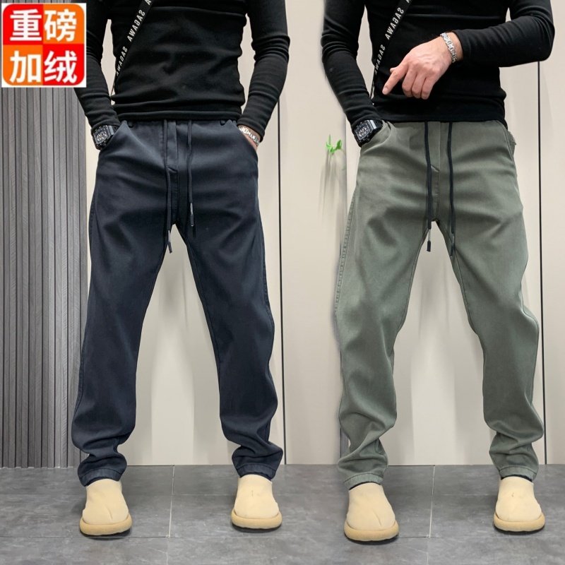 重磅痞帅加绒加厚直筒牛仔裤男美式复古冬季保暖宽松百搭休闲长裤