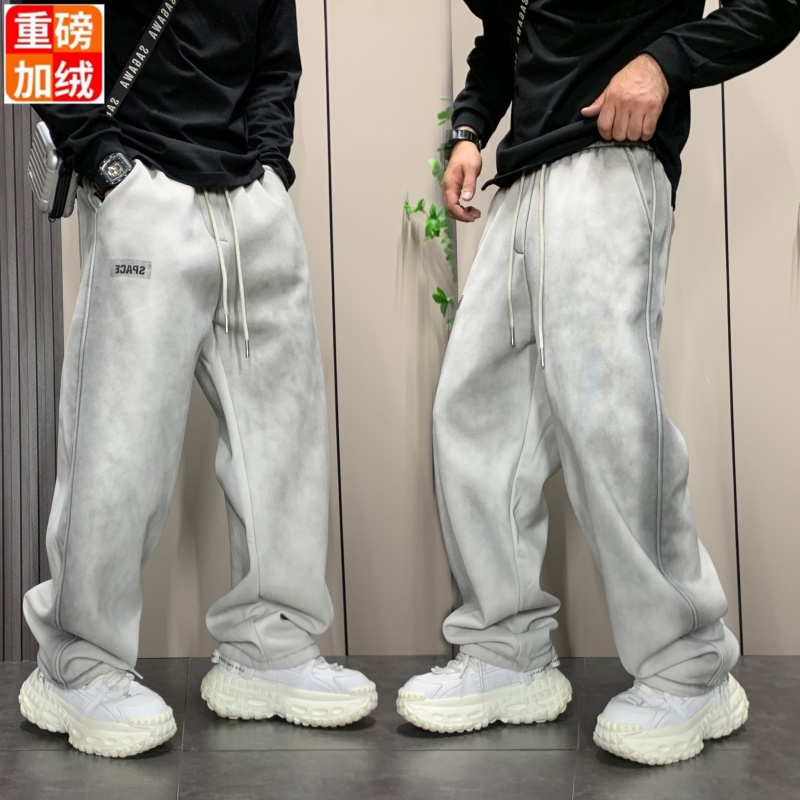 秋冬季加绒扎染设计感脏脏裤男士休闲长裤侧边褶皱阔腿运动裤子潮