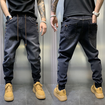 潮流男士黑灰色加绒牛仔裤