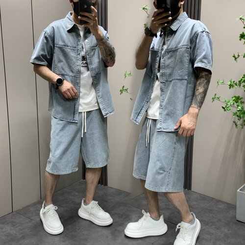 2026新款美式复古牛仔短袖套装男士潮牌宽松休闲五分裤百搭两件套
