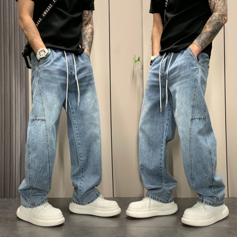 微弹牛仔蓝直筒男士阔腿裤2026年春季抽绳水洗牛仔男宽松百搭休闲,男装,牛仔裤,淘宝优惠券,粉丝福利购,淘宝优惠卷