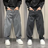 男士 休闲裤 时尚 百搭条纹宽松大码 子 潮牌2024秋冬季 阔腿弯刀裤 新款