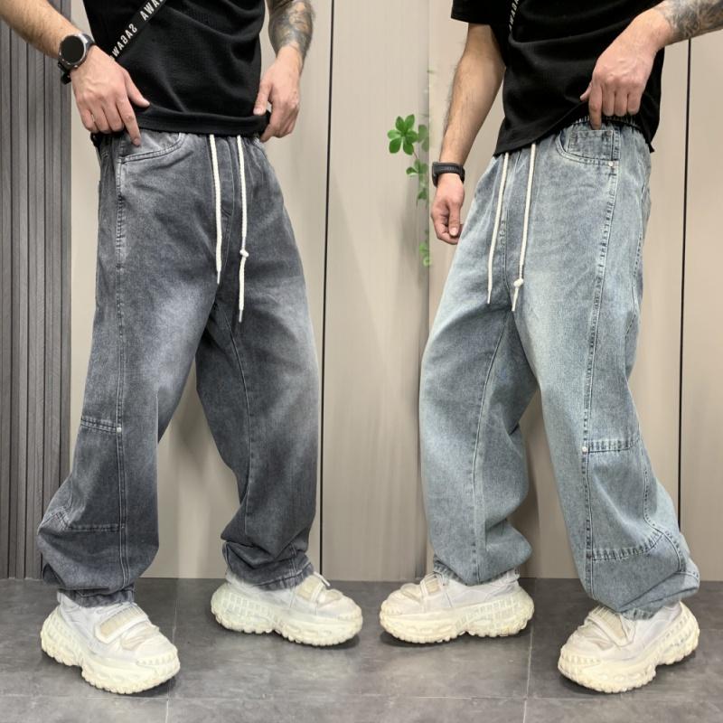 松紧腰牛仔裤男女秋季新款港风复古宽松直筒百搭潮流阔腿休闲长裤