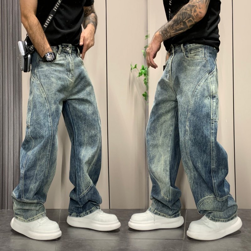复古秋季新款男士设计感牛仔裤男潮牌痞帅宽松百搭直筒阔腿弯刀裤,男装,牛仔裤,淘宝优惠券,粉丝福利购,淘宝优惠卷