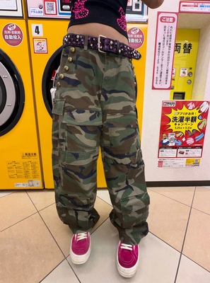 Srrybabe美式复古迷彩工装裤女宽松休闲百搭多口袋直筒