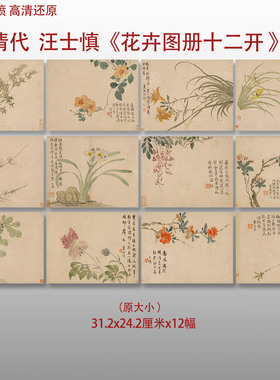 汪士慎 花卉图册十二开清代小品图艺术微喷打印绢本画心临摹范本