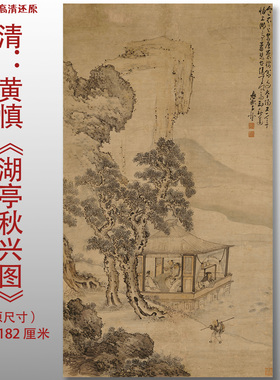 黄慎 湖亭秋兴图清风景山水人物图艺术微喷打印绢本画心临摹范本