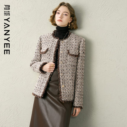 颜域香槟色小香风短外套女2025冬季新款毛边格纹短款羊毛呢子大衣