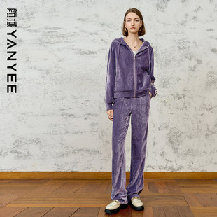 颜域丝绒休闲两件套装 一整套穿搭 女2025新款 冬连帽卫衣外套阔腿裤