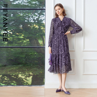 百搭气质优雅百褶中长裙 修身 颜域紫色印花长袖 连衣裙2026早春新款