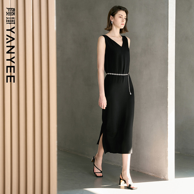 颜域气质长款V领黑色背心裙