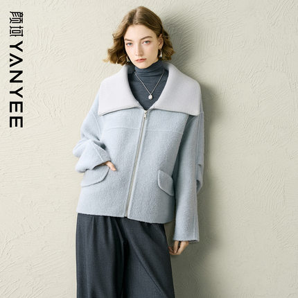 【68%羊毛】颜域蓝色翻领宽松外套女2025新款冬季宽松双面呢大衣