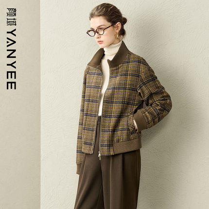 颜域修身格子毛呢外套女2025冬季新款短款复古高级感百搭通勤夹克