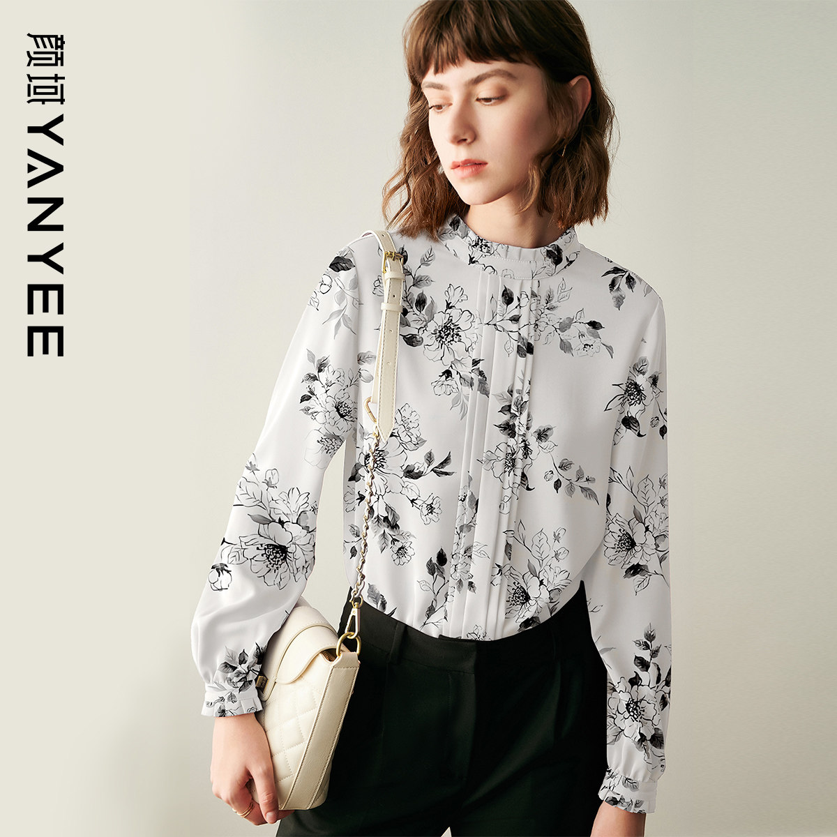 颜域优雅印花女士衬衫2025新款秋季气质上衣通勤衬衣长袖立领小衫 - 颜域VIP折扣店出品