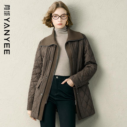 颜域咖色螺纹翻领修身棉衣女2025新款冬季高级感气质保暖棉服外套