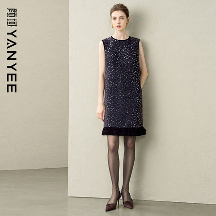 颜域高级感亮片毛呢连衣裙女2025冬季新款名媛风气质短款羊毛裙子