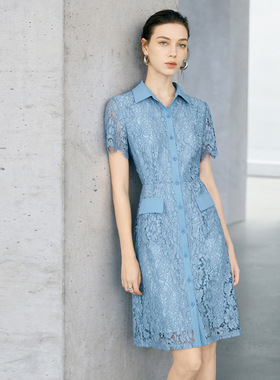 颜域蓝色天丝短袖连衣裙女2026夏季新款气质中长款蕾丝翻领衬衫裙