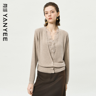 颜域长袖毛衣女士2025秋装新款轻熟风蕾丝花边V领宽松针织衫上衣