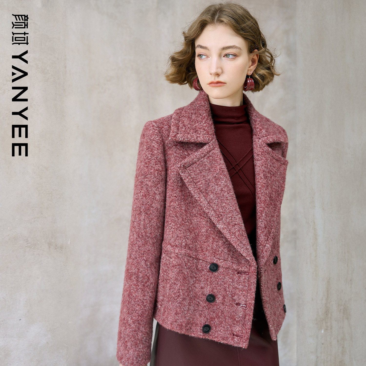 颜域红色毛呢外套女装