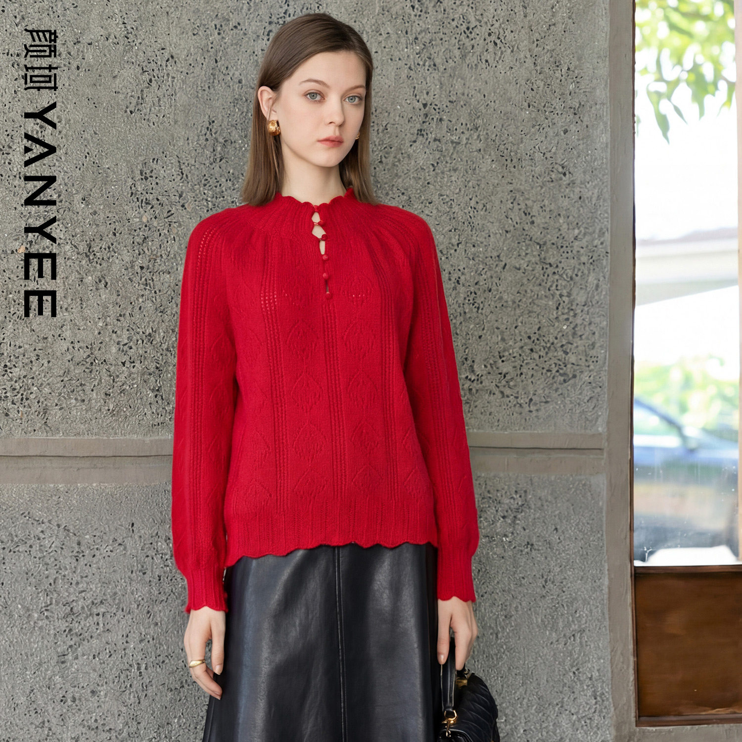 【100%羊毛】颜域红色提花针织毛衣女秋冬保暖复古粗毛线V领上衣,女装/女士精品,毛针织衫,淘宝优惠券,粉丝福利购,淘宝优惠卷