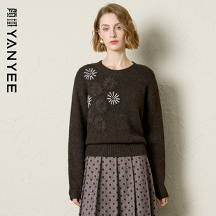 颜域咖色绣花针织衫毛衣女2025冬季新款宽松圆领加厚内搭打底衫女