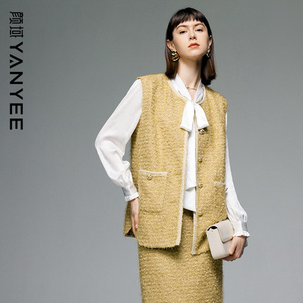 颜域中长款无袖外套女装冬季2024新款时尚百搭圆领上衣小香风马甲