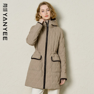 拉链保暖修身 中长款 气质外套 新款 颜域菱格收腰连帽棉服女2025冬季