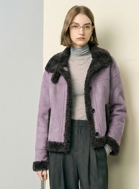 颜域紫色仿皮毛一体短款皮衣女2025冬装新款高级感复古羊剪绒外套