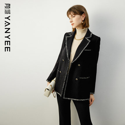 颜域西装领羊毛大衣女秋冬高级感2024新款黑色职业气质毛呢外套女