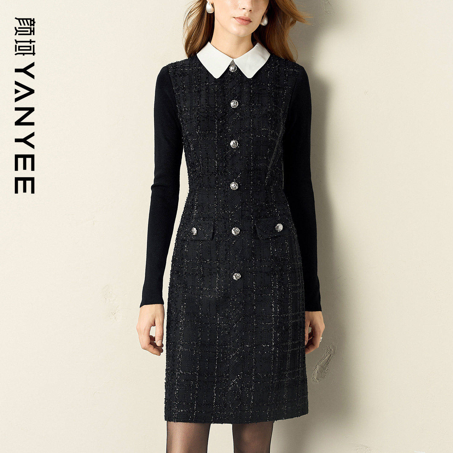 颜域娃娃领长袖收腰连衣裙女