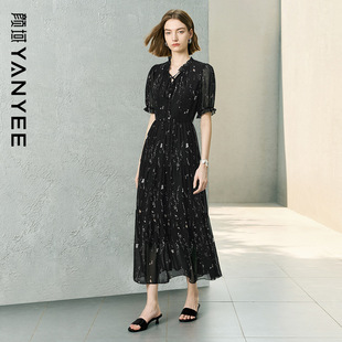 木耳边雪纺裙 收腰轻熟风高级感短袖 颜域黑色连衣裙女2026夏季 新款
