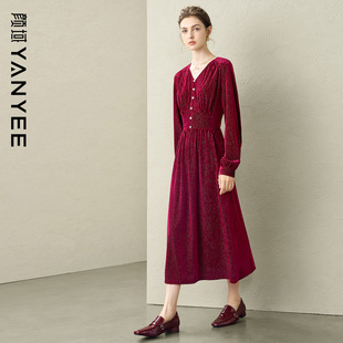 颜域V领收腰连衣裙女2025秋冬装 优雅气质过膝丝绒保暖长裙子 新款