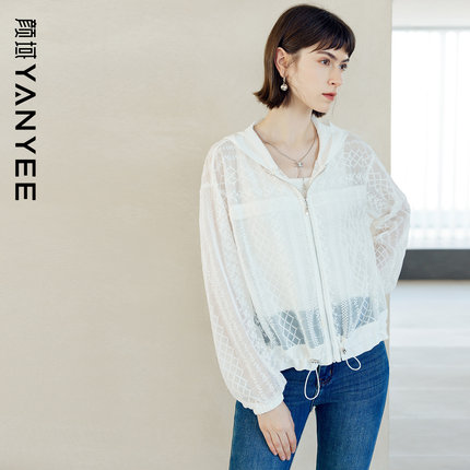 颜域休闲连帽早春外套女士2025新款简约通勤白色薄款宽松蕾丝上衣