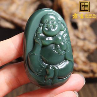 方言和田玉珍品收藏俄罗斯老坑碧玉灵活黑冰猫眼王笑佛吊坠挂件A1